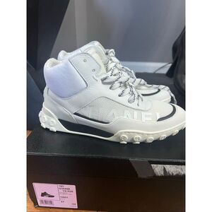 Chanel Calfskin Mesh Lycra Womens Logo High Top Sneakers size 37